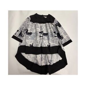 WoWo Newspaper Print Mock Neck Short Sleeve Peplum Top Black White XL HL7729